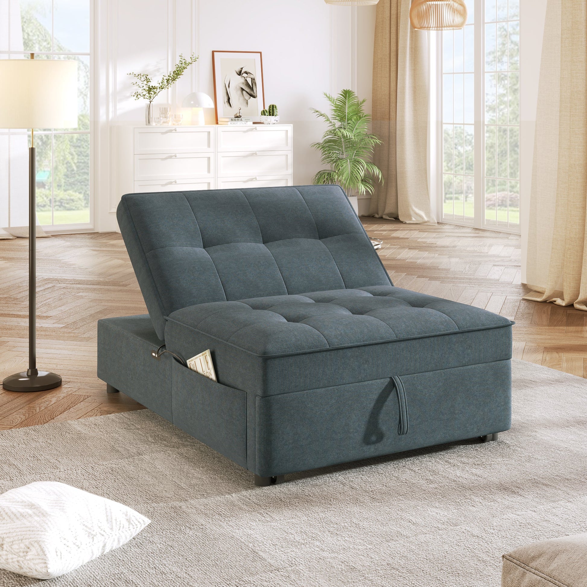 Four in one sofa bed, chair bed, multifunctional folding Ottoman bed with storage bag and USB port, dark blue - Korvel