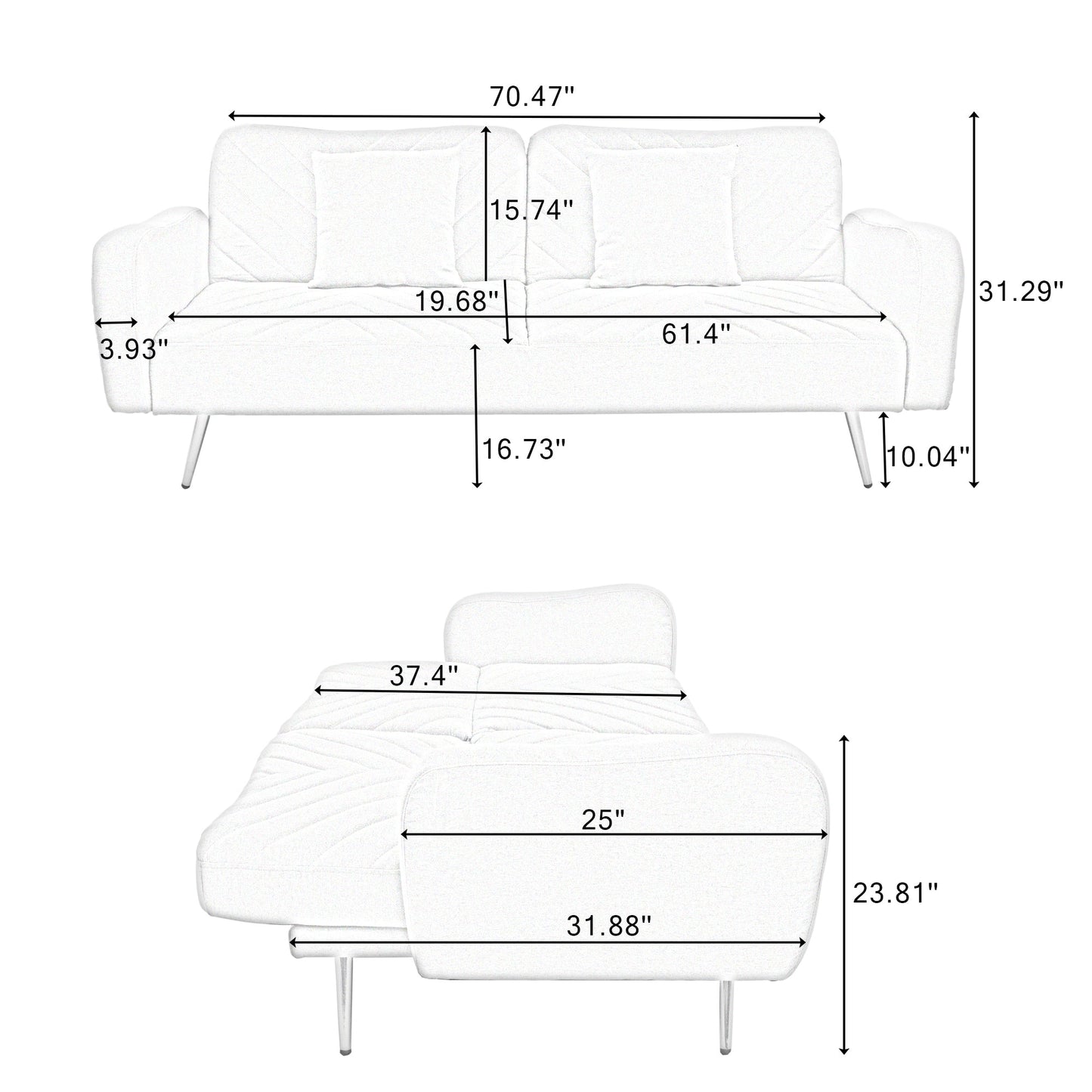 70.47" Gray Fabric Double Sofa with Split Backrest and Two Throw Pillows - Korvel