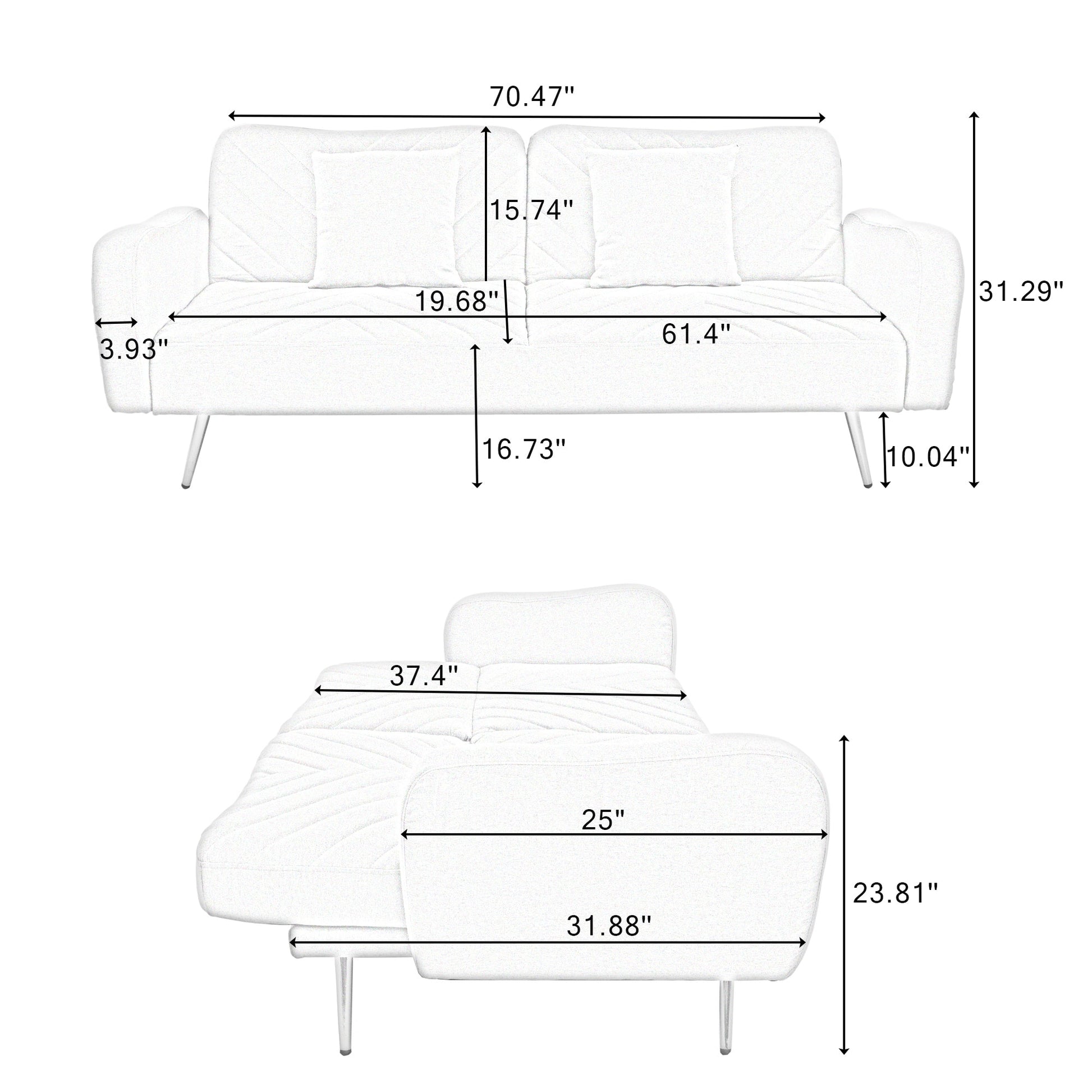 70.47" Gray Fabric Double Sofa with Split Backrest and Two Throw Pillows - Korvel