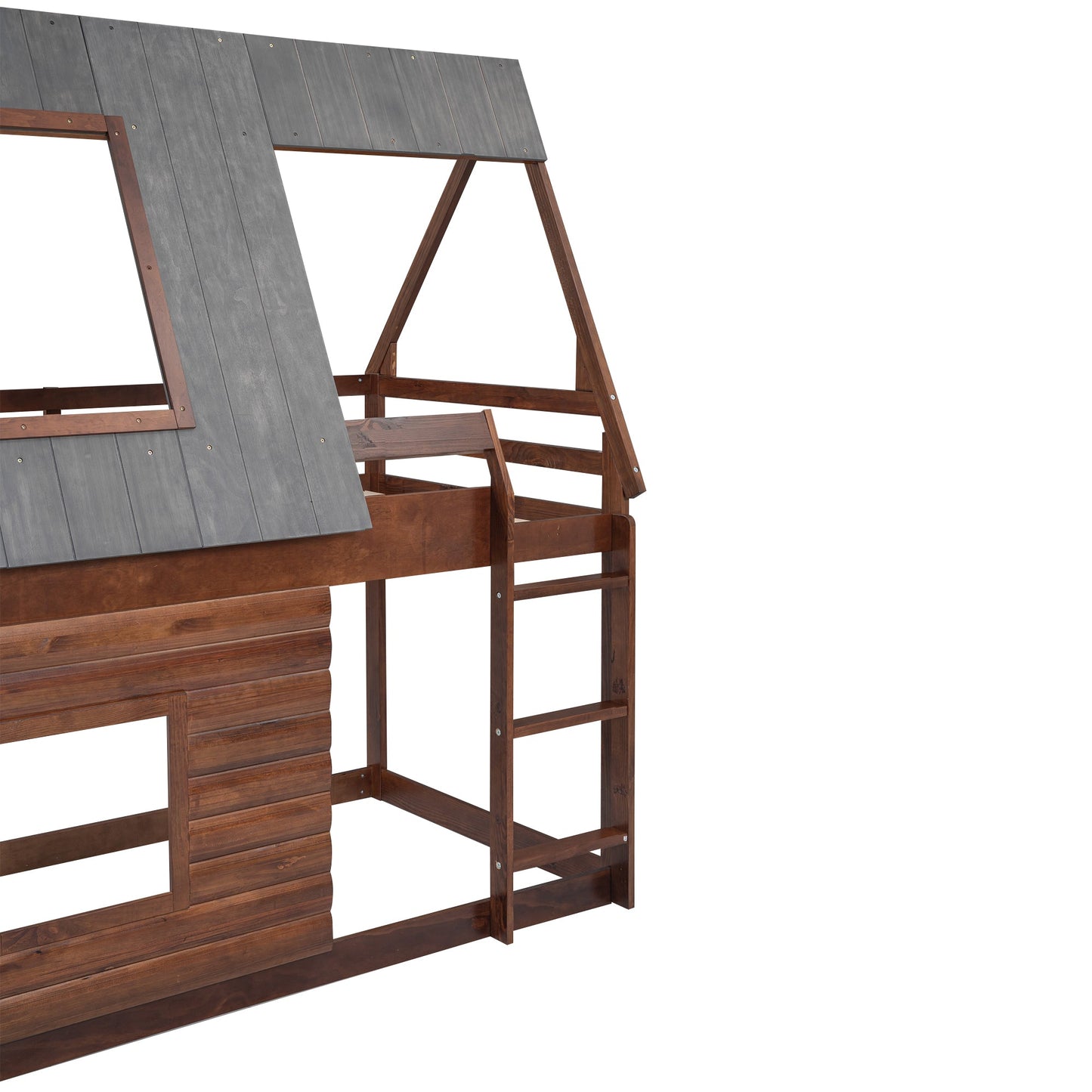 Wood Twin Size House Bunk Bed with Roof, Ladder and 2 Windows, Oak & Smoky Grey - Korvel