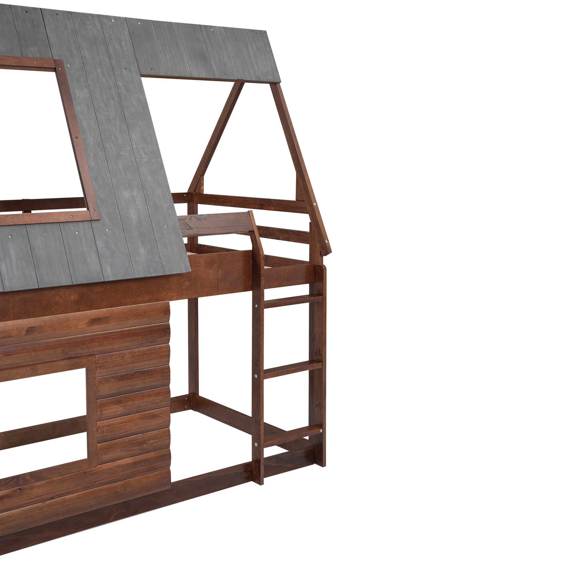 Wood Twin Size House Bunk Bed with Roof, Ladder and 2 Windows, Oak & Smoky Grey - Korvel