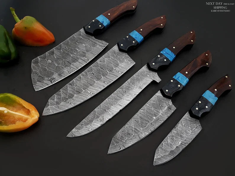 Premium Handmade Damascus Chef Knife Set – 13" Wenge Resin Handle with Leather Sheath - Korvel