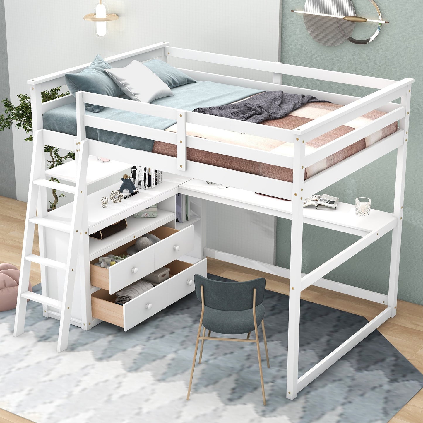 Cama loft de tamaño completo con escritorio y estantes, dos cajones incorporados