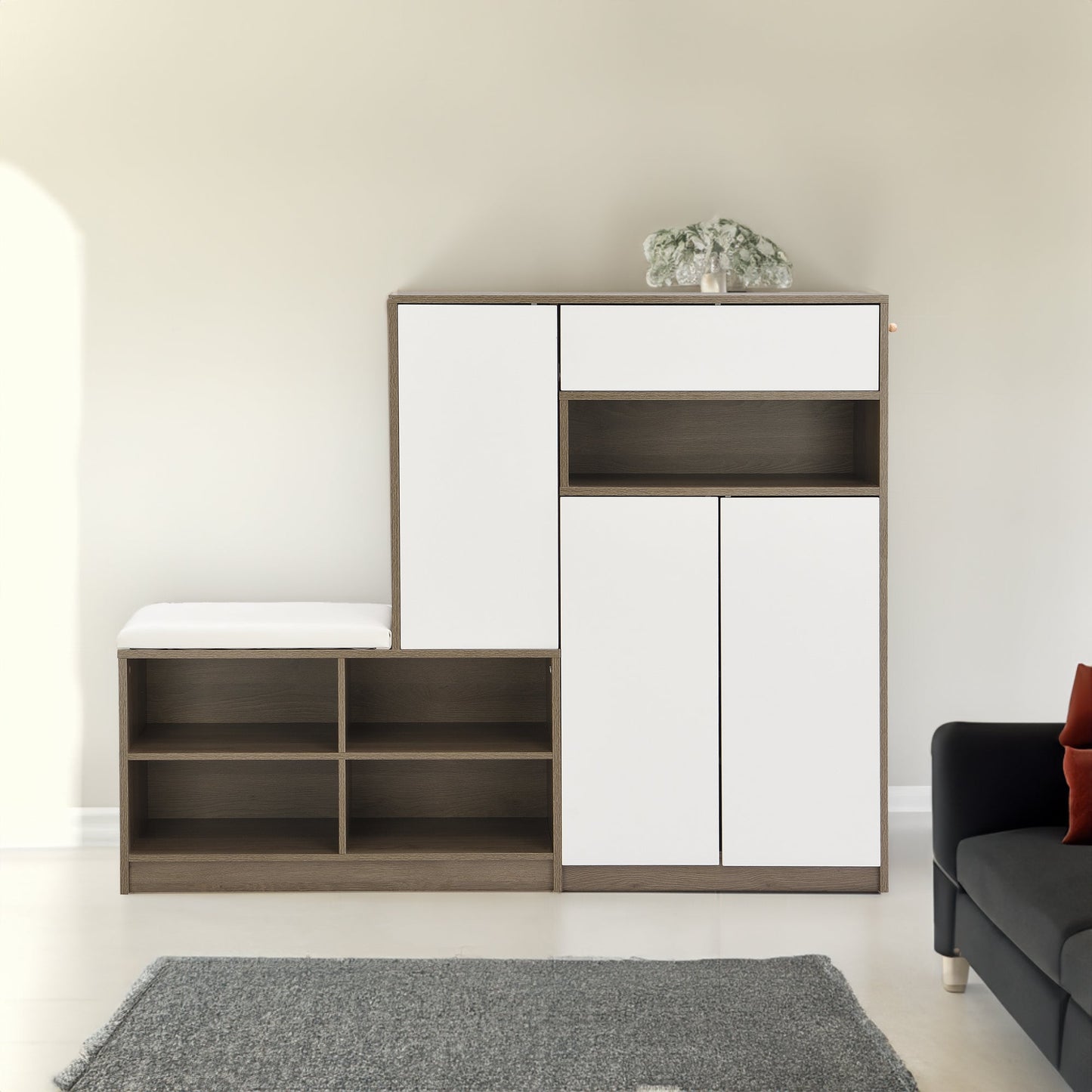 ON-TRANS 2-in-1 shoe storage platform and shoe cabinet, with soft cushioned seats and adjustable shelves, white - Korvel