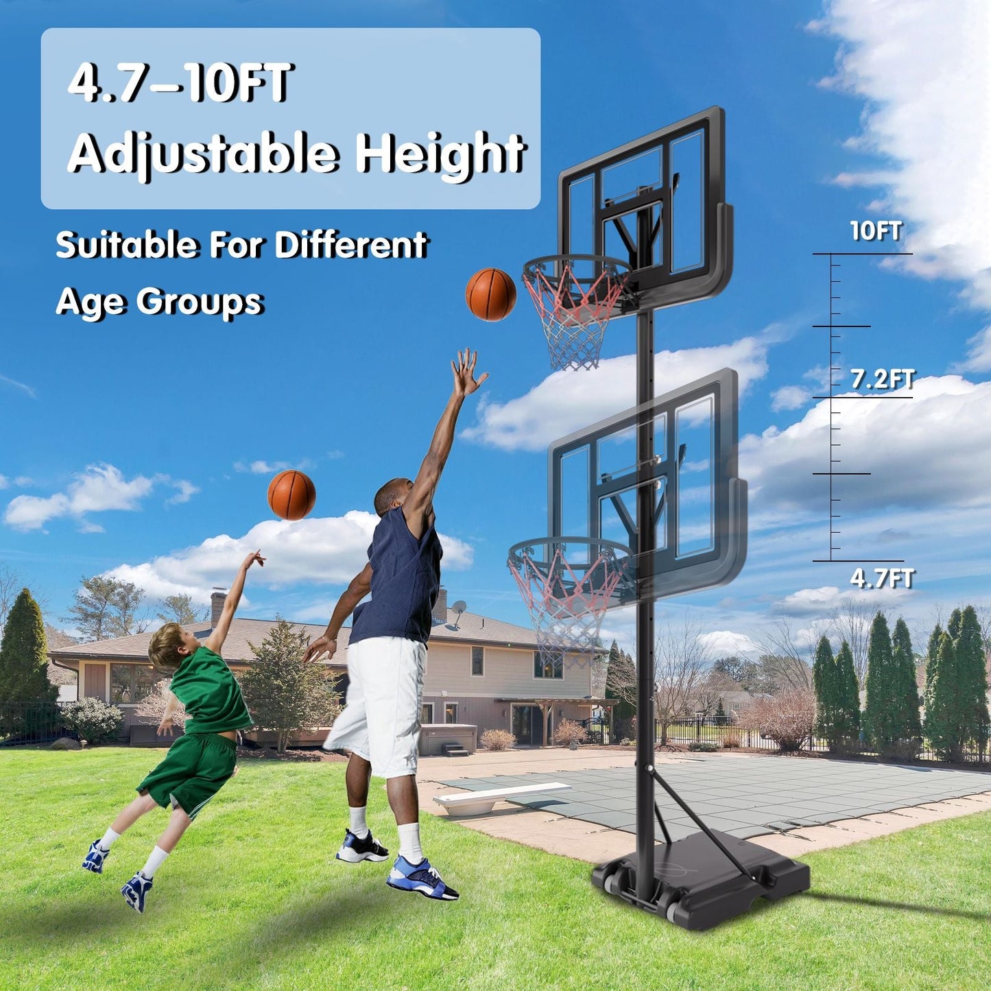 Basketball Hoop Basketball System 4.76-10ft Height Adjustable with 4 Basketball, Net Pocket, Inflator Set - Korvel