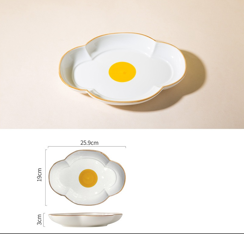Creative Sun Egg Ceramic Bowl and Dish Set Cute Rice Bowl, Plate, Handle, Plate, Tableware, Home Breakfast Soup Plate - Korvel