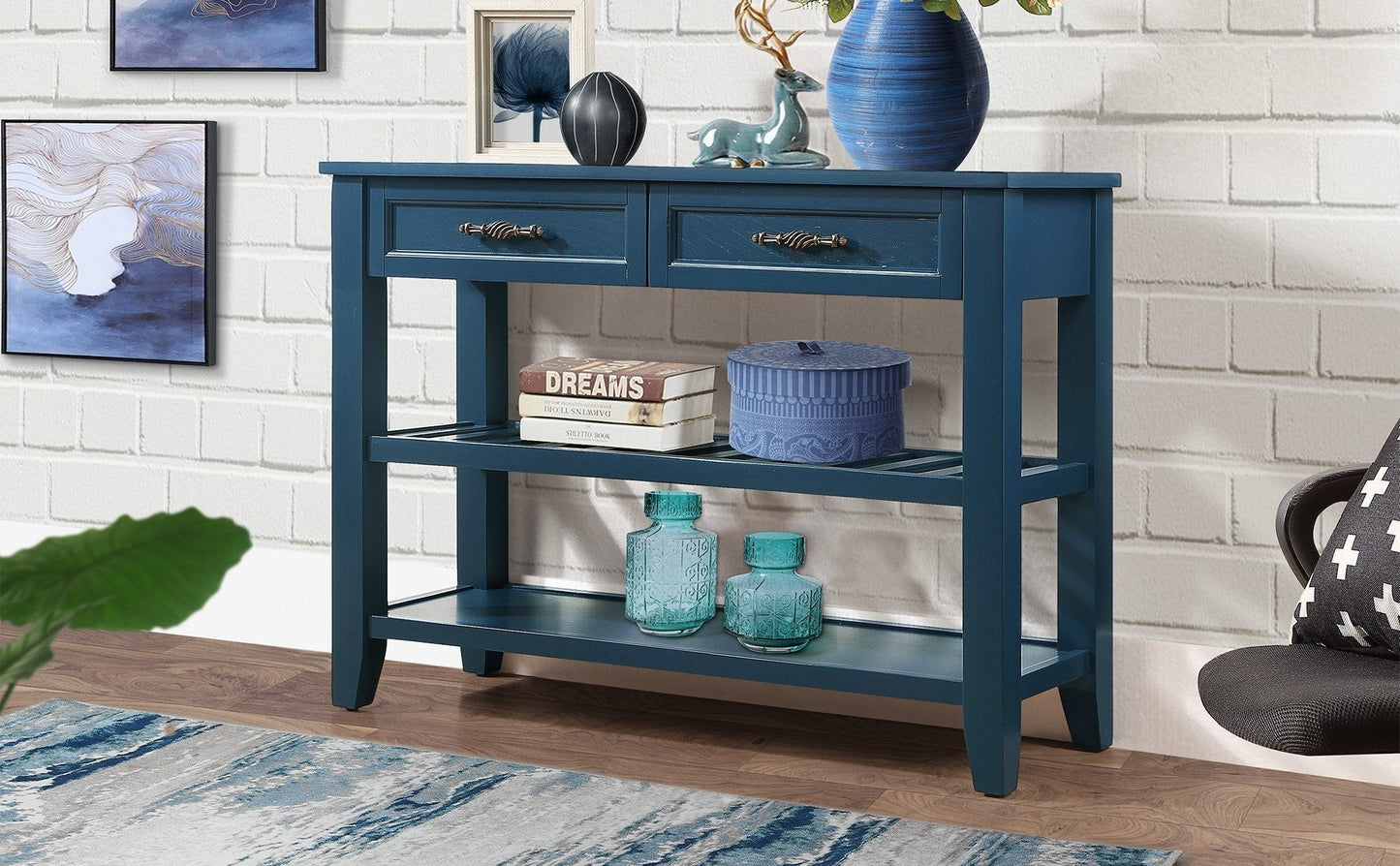 Mesa Consola Sofá de Estilo Mid-Century con Cajones de Almacenamiento - Azul Marino
