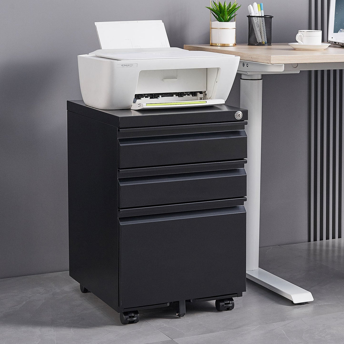 Locked three drawer storage mobile metal filing cabinet with pre installed wheels under the desk filing cabinet - Korvel