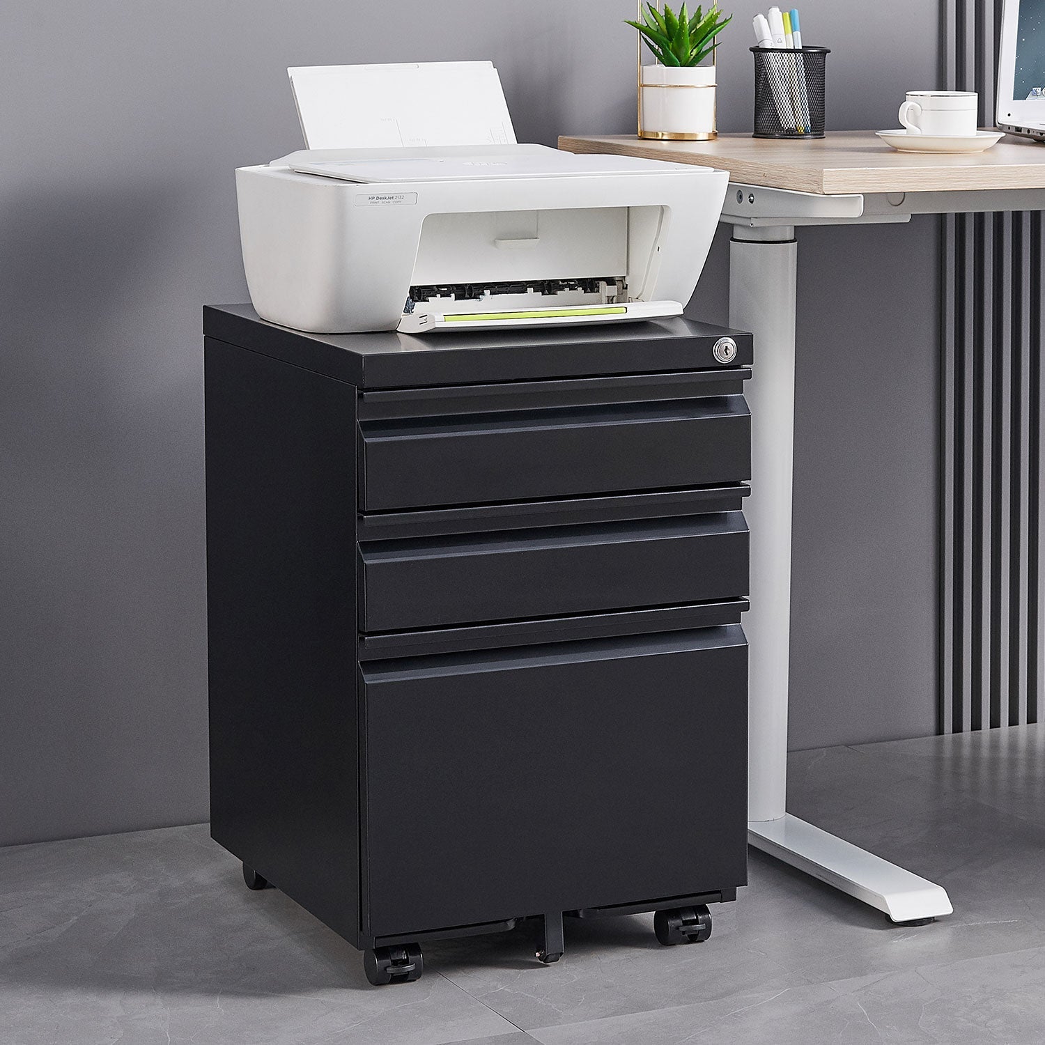 Locked three drawer storage mobile metal filing cabinet with pre installed wheels under the desk filing cabinet - Korvel