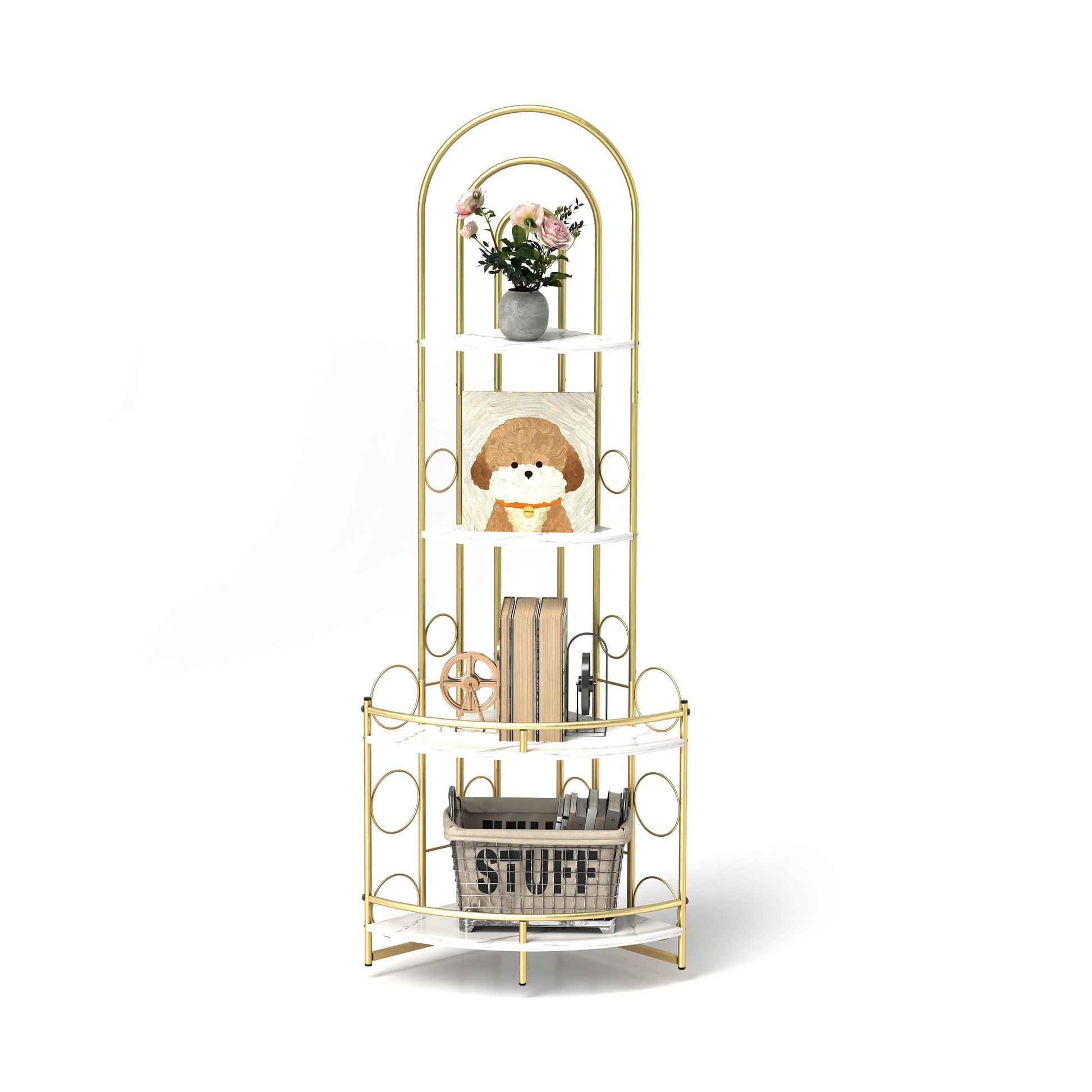 Gold 4-Tier Corner Bookshelf, Modern Style, Plant Stand with Metal Frame - Korvel