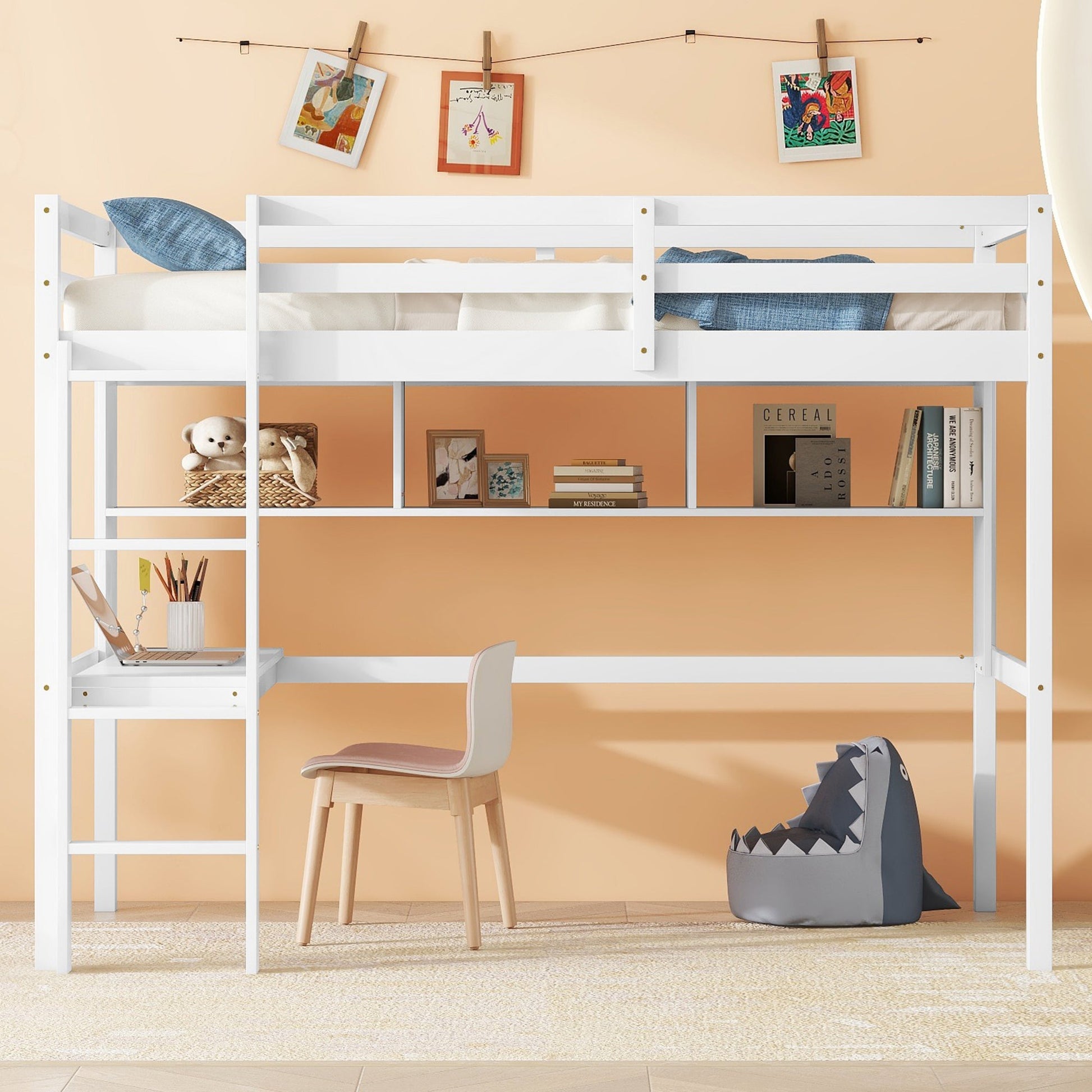 Twin Loft Bed with built-in desk and bookcase of three compartments, Guardrails and Ladder,White - Korvel