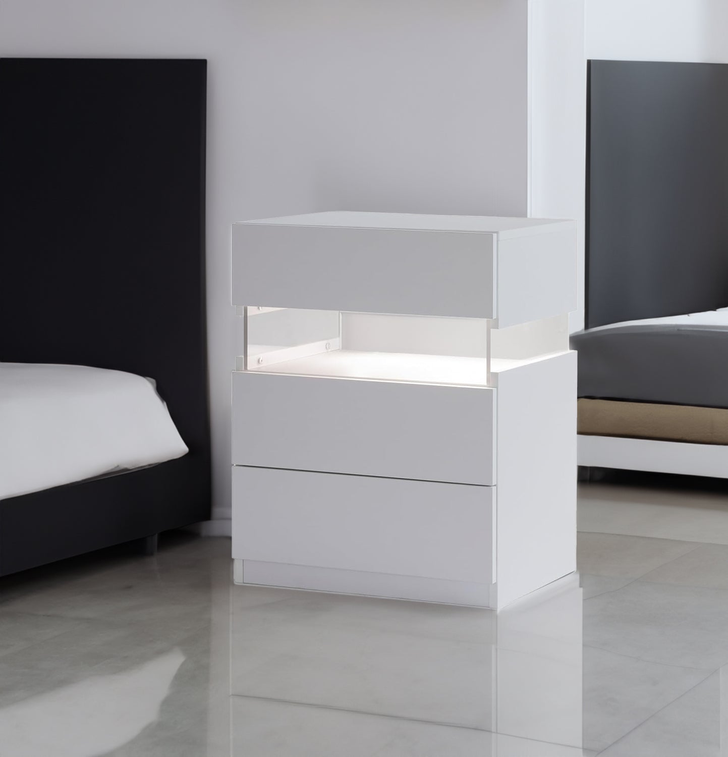 LED bedside table, bedroom, three drawers, dressing table, acrylic board, bedside furniture (white) - Korvel
