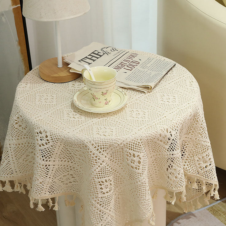 Mantel de mesa de algodón y lino vintage con flecos