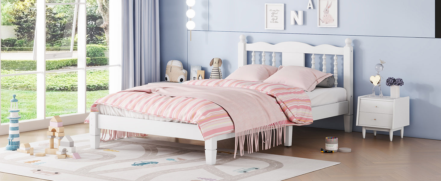 Twin Bed with Column-Decoration Headboard, with Bed Slats,White - Korvel