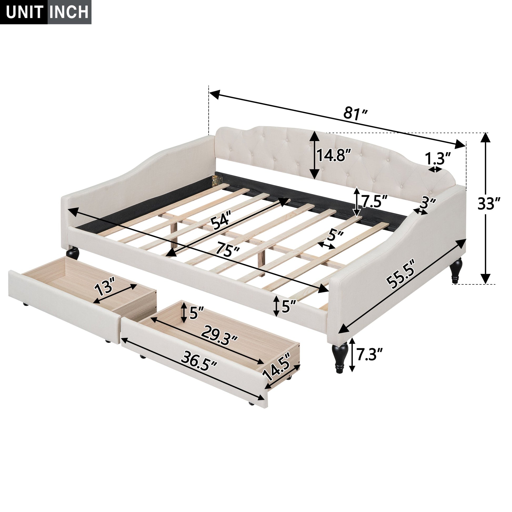 Full Size Upholstered Tufted Daybed with Two Drawers, Beige - Korvel
