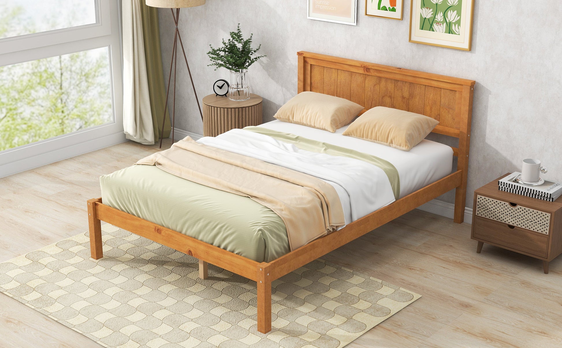 Platform Bed Frame with Headboard, Wood Slat Support No Box Spring Needed Full  Oak - Korvel