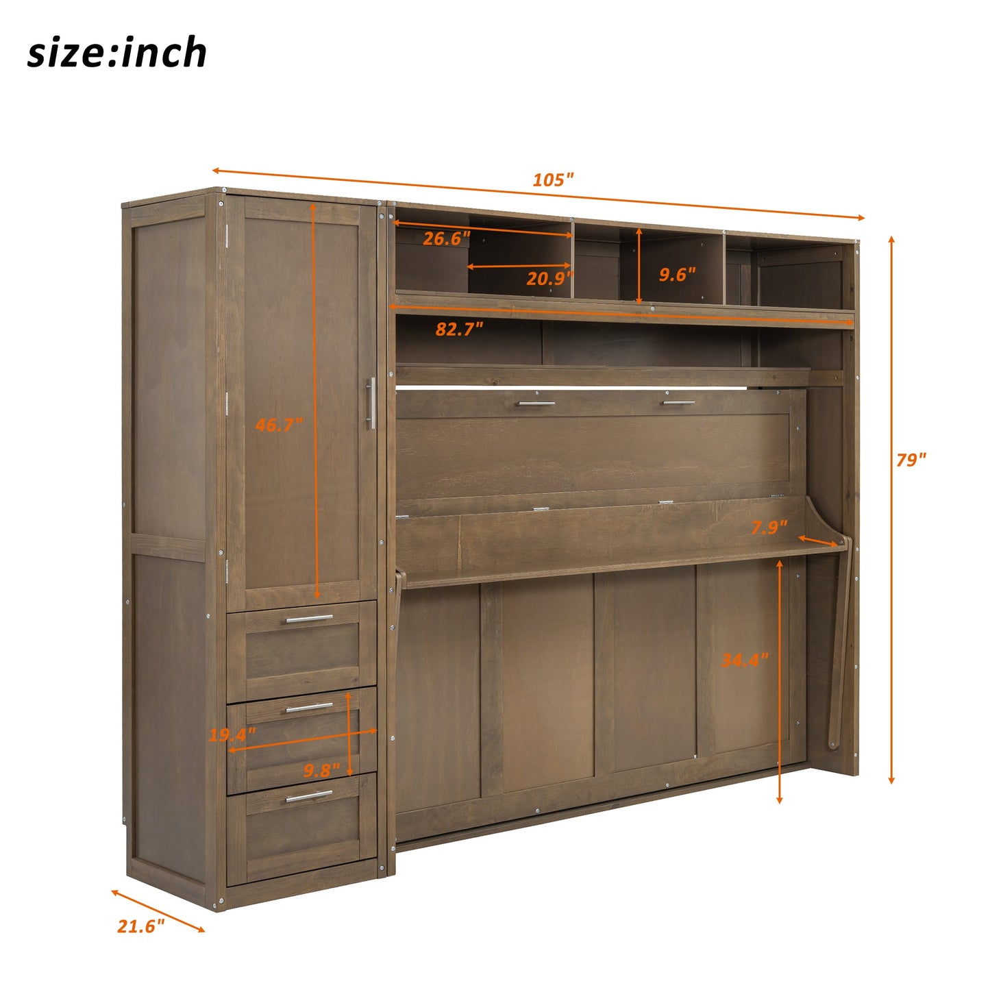 Full Size Murphy Bed with Wardrobe, Drawers and Open Shelves, Antique Grey - Korvel