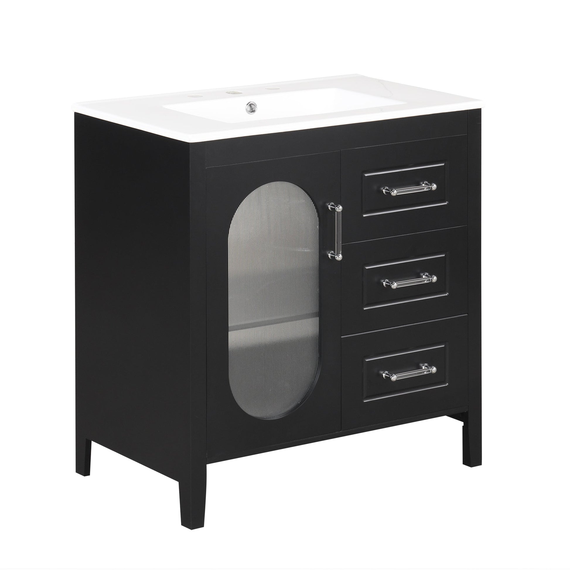 30" Bathroom Vanity with Sink, Bathroom Vanity Cabinet with Two Drawers and Door, Adjustable Shelf, Solid Wood and MDF, Black - Korvel