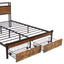 Large metal bed frame with wooden headboard and USB foot pedal, charging station, 2 drawers, LED lights, no need for box spring - Korvel