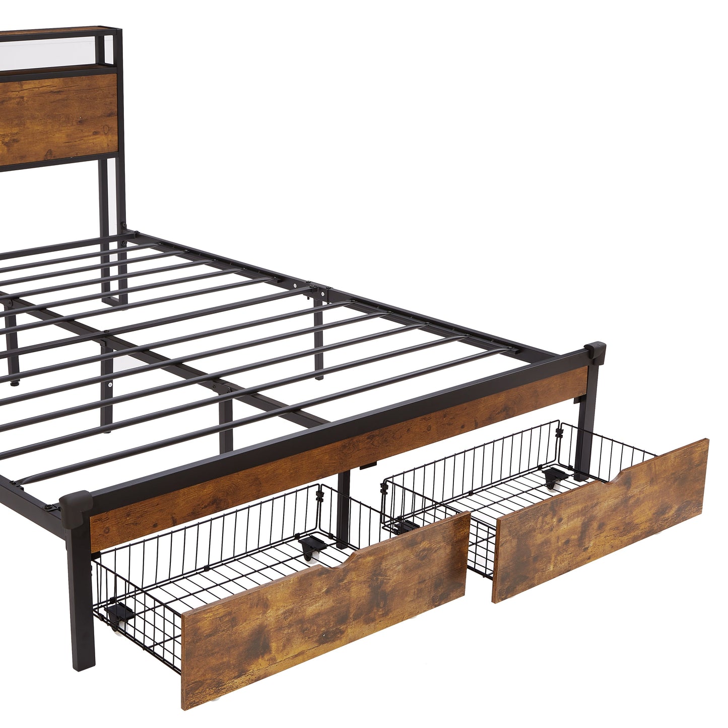 Large metal bed frame with wooden headboard and USB foot pedal, charging station, 2 drawers, LED lights, no need for box spring - Korvel