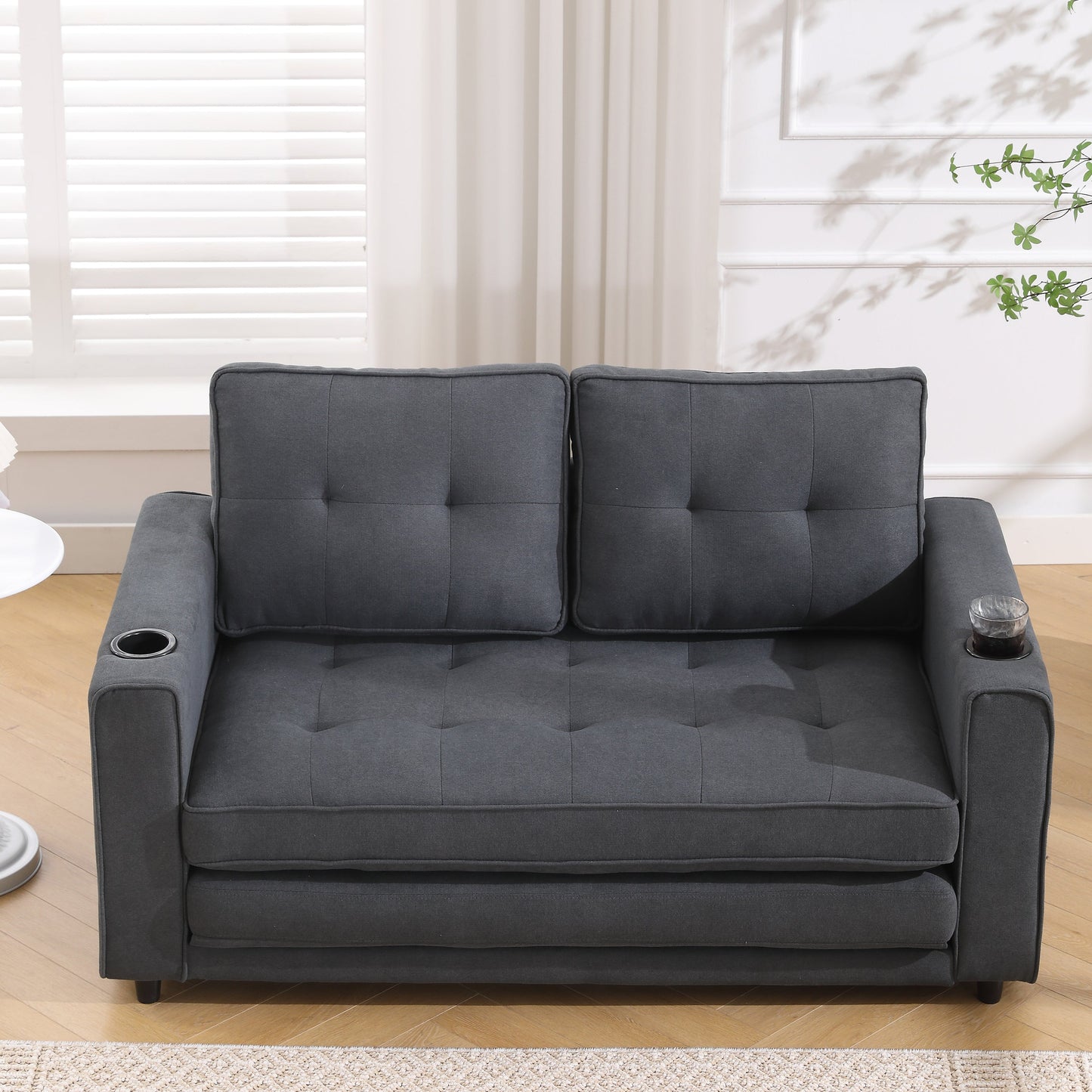 Three in one soft cushion cushion cushion sofa, folding mattress sofa bed, with side pockets and cup holder, dark gray - Korvel
