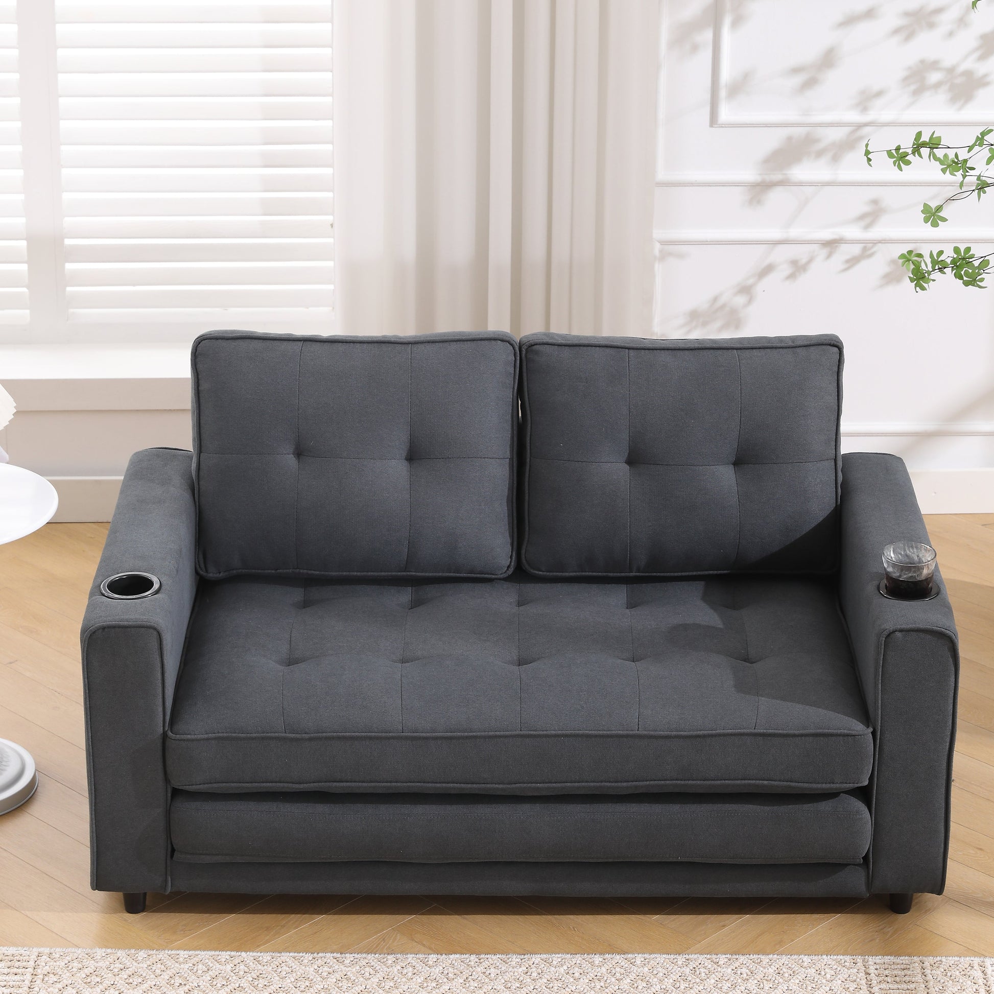 Three in one soft cushion cushion cushion sofa, folding mattress sofa bed, with side pockets and cup holder, dark gray - Korvel