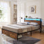 Large metal bed frame with wooden headboard and USB foot pedal, charging station, 2 drawers, LED lights, no need for box spring - Korvel