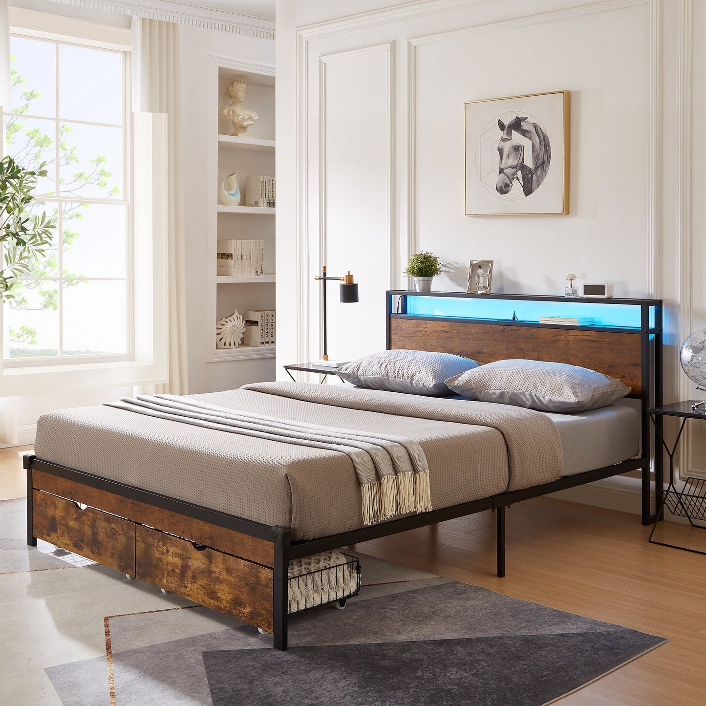 Large metal bed frame with wooden headboard and USB foot pedal, charging station, 2 drawers, LED lights, no need for box spring - Korvel