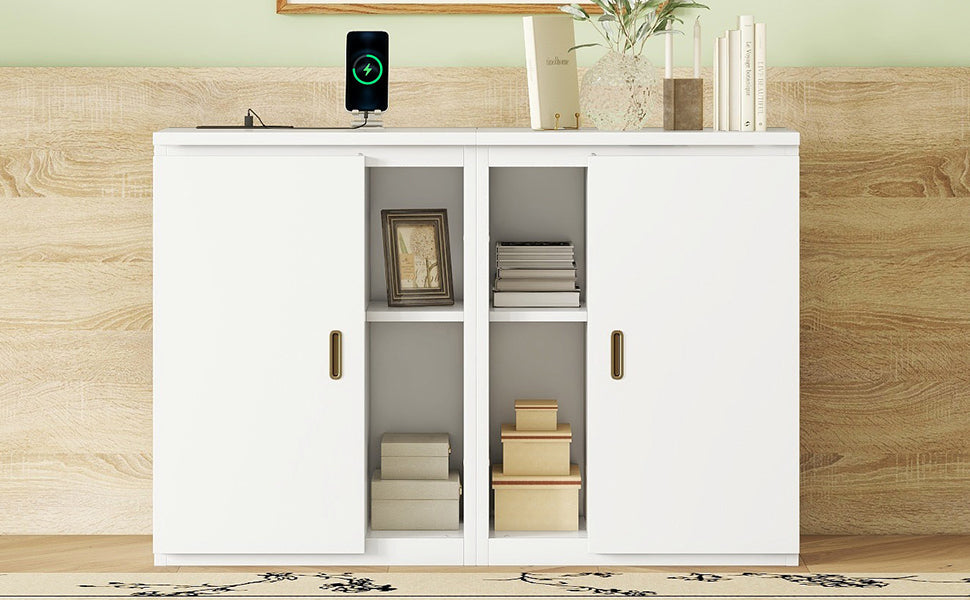Full Size Murphy Bed with Shelves and USB Ports - White
