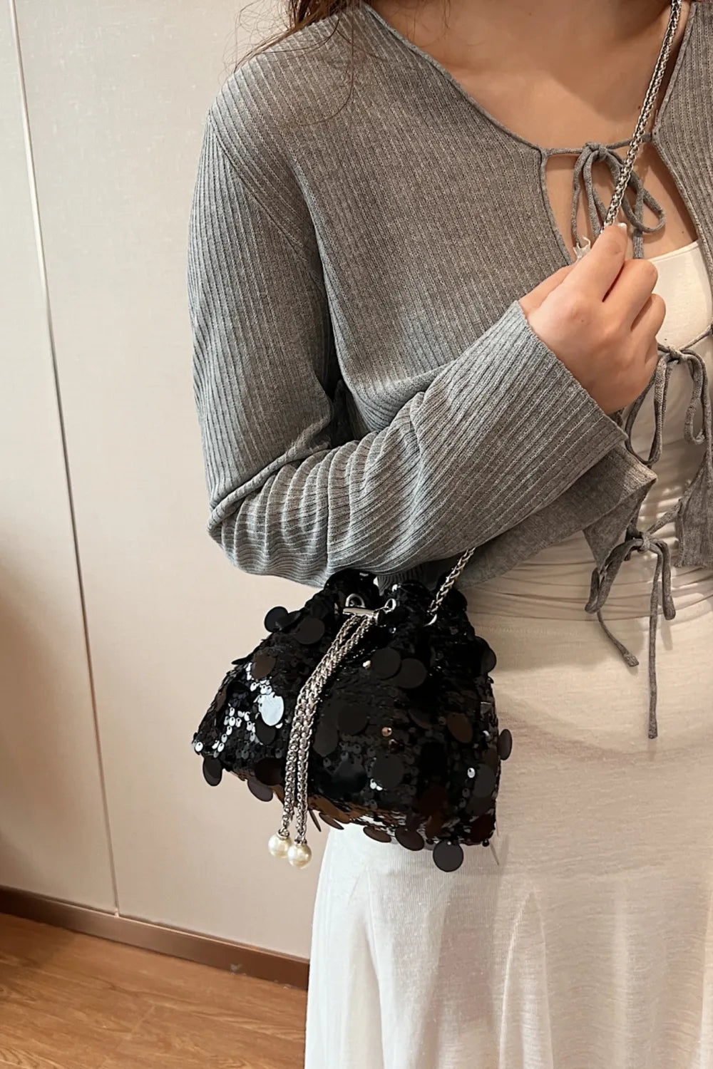 Drawstring Sequin Crossbody Bag - Korvel
