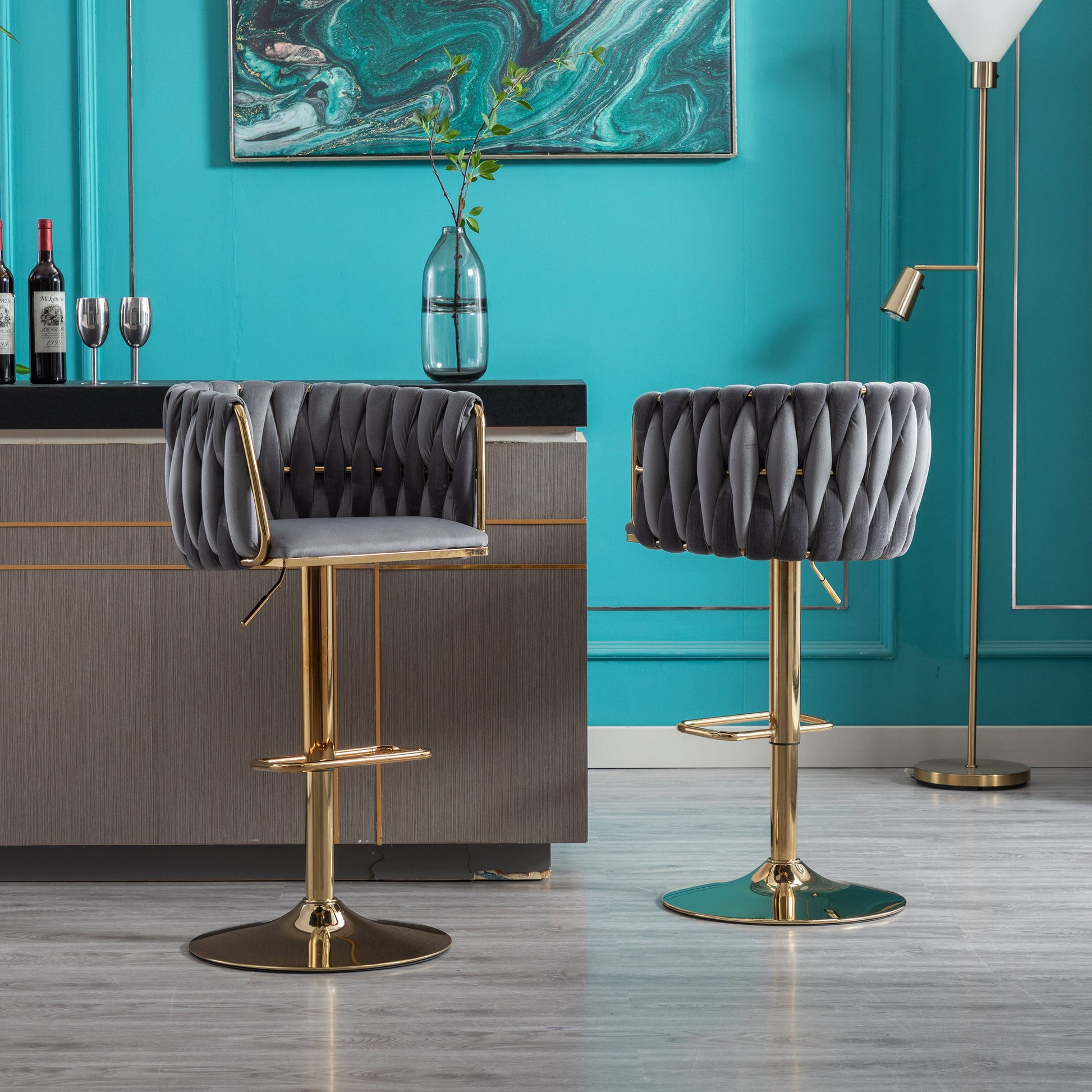 Set of 2 Bar Stools with Chrome Footrest and Base Swivel Height  Velvet + Golden Leg Simple Bar Stool-Grey - Korvel