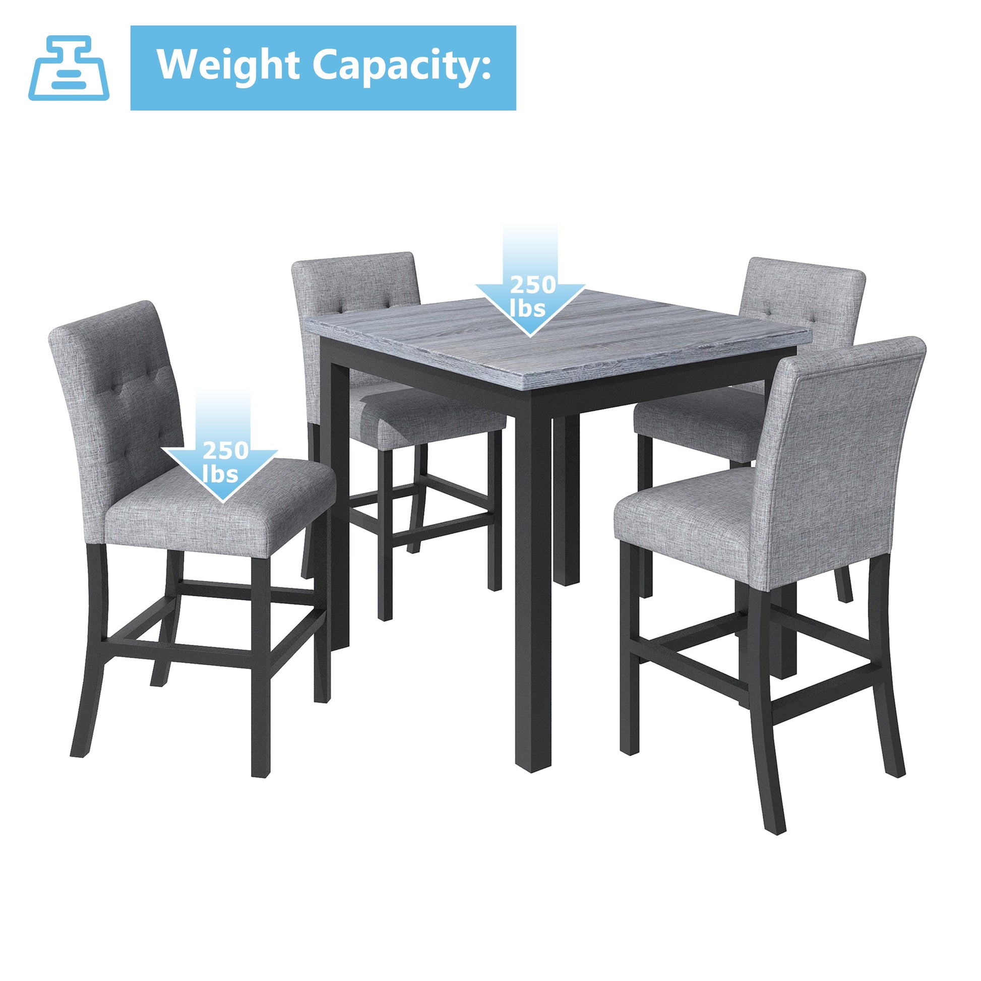 TOPMAX 5-piece cabinet dining table set, wooden square dining table and chairs, and 4 soft cushioned high back chairs in black - Korvel