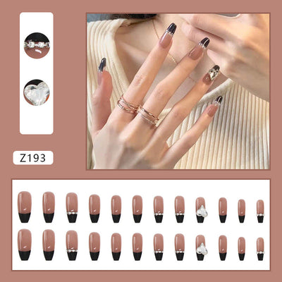 Black French Long Wearing Nail Rhinestone Love Chain Removable Fake Nail Nail Piece Nail Sticker Manicure Nail - Korvel
