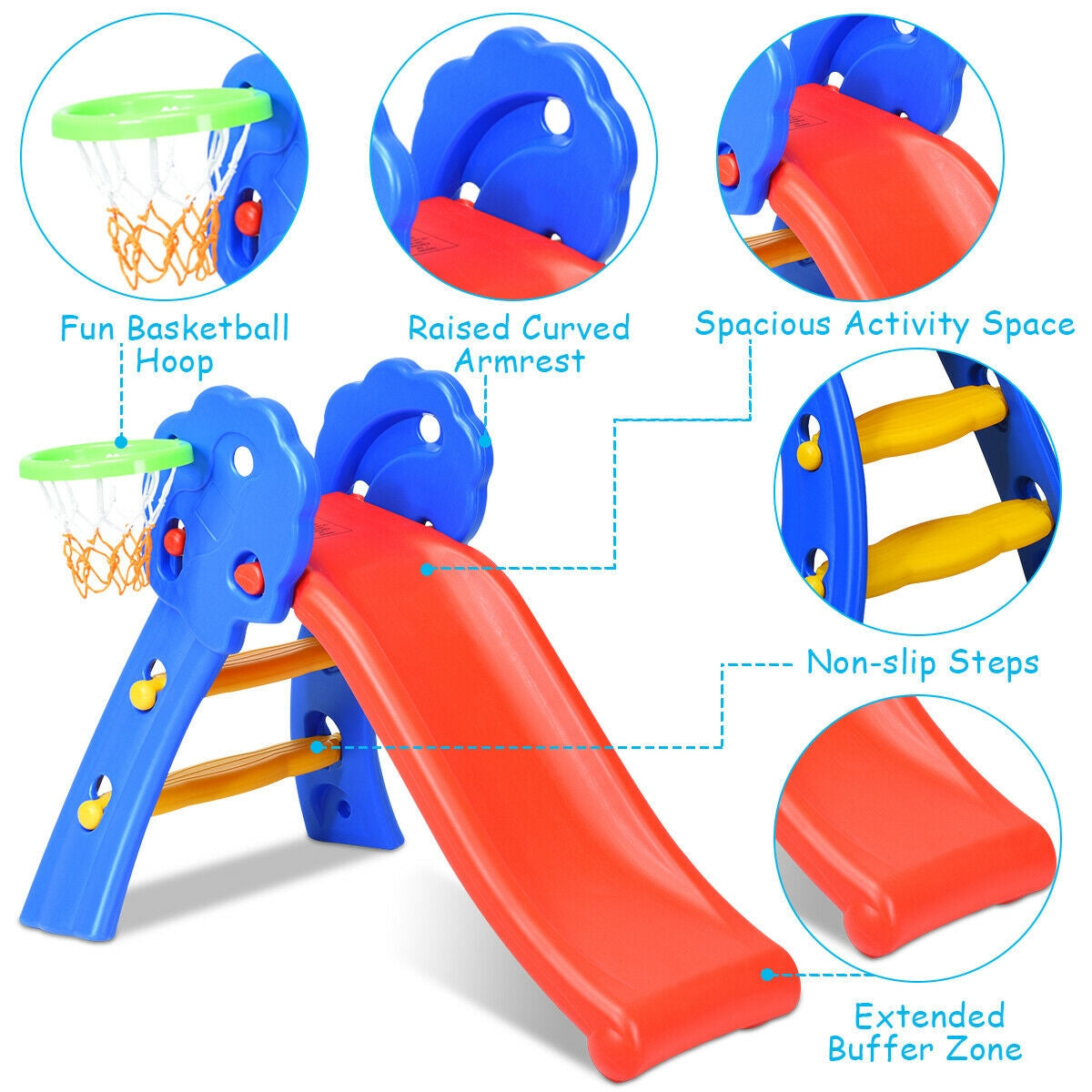 2 Step Indoor Kids Plastic Folding Slide with Basketball Hoop