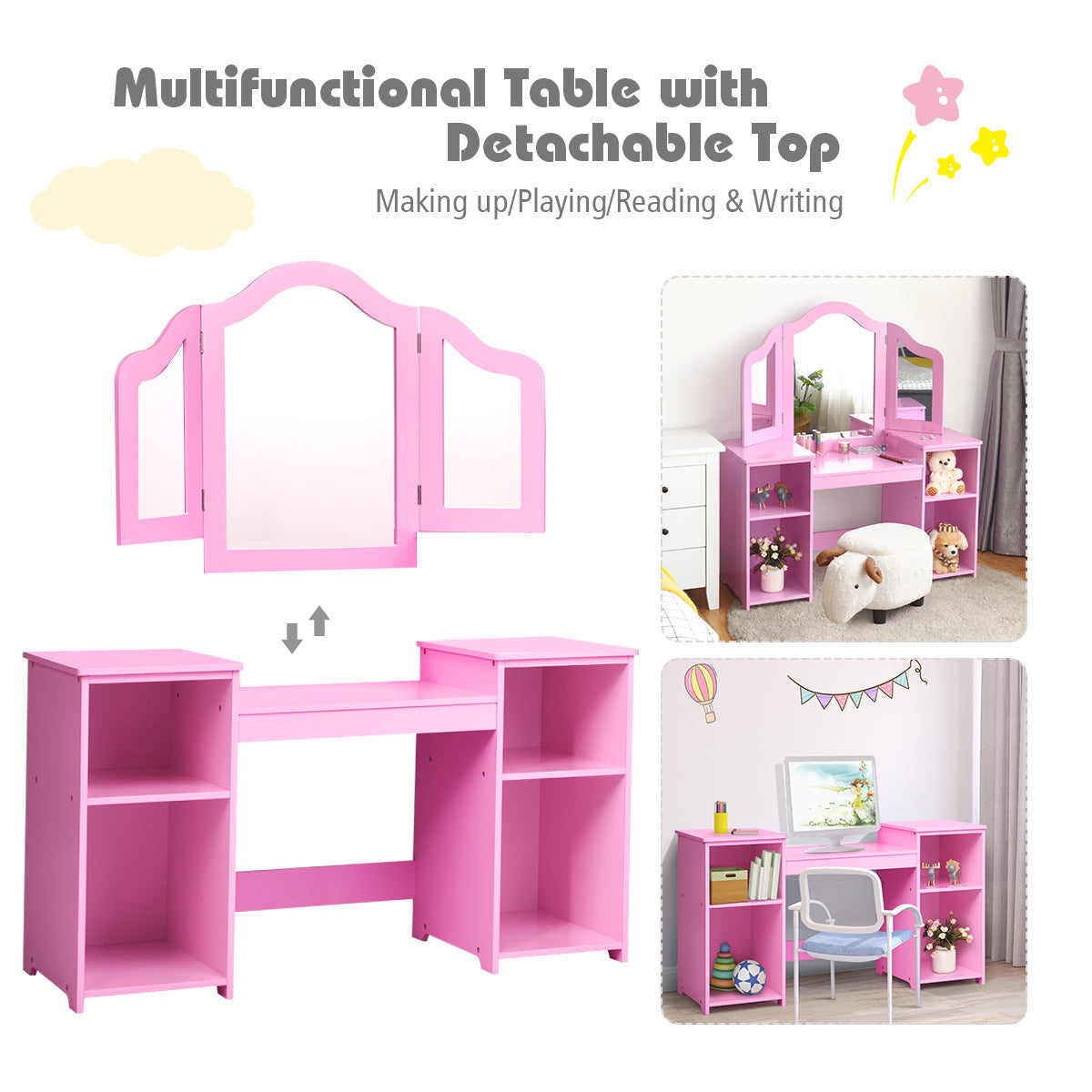 Kids Tri Folding Mirror Makeup Vanity Table Set - Pink
