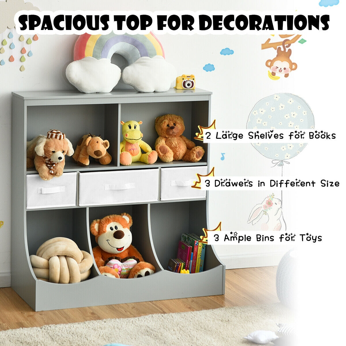 Freestanding Combo Cubby Bin Storage Organizer Unit with 3 Baskets - Gray