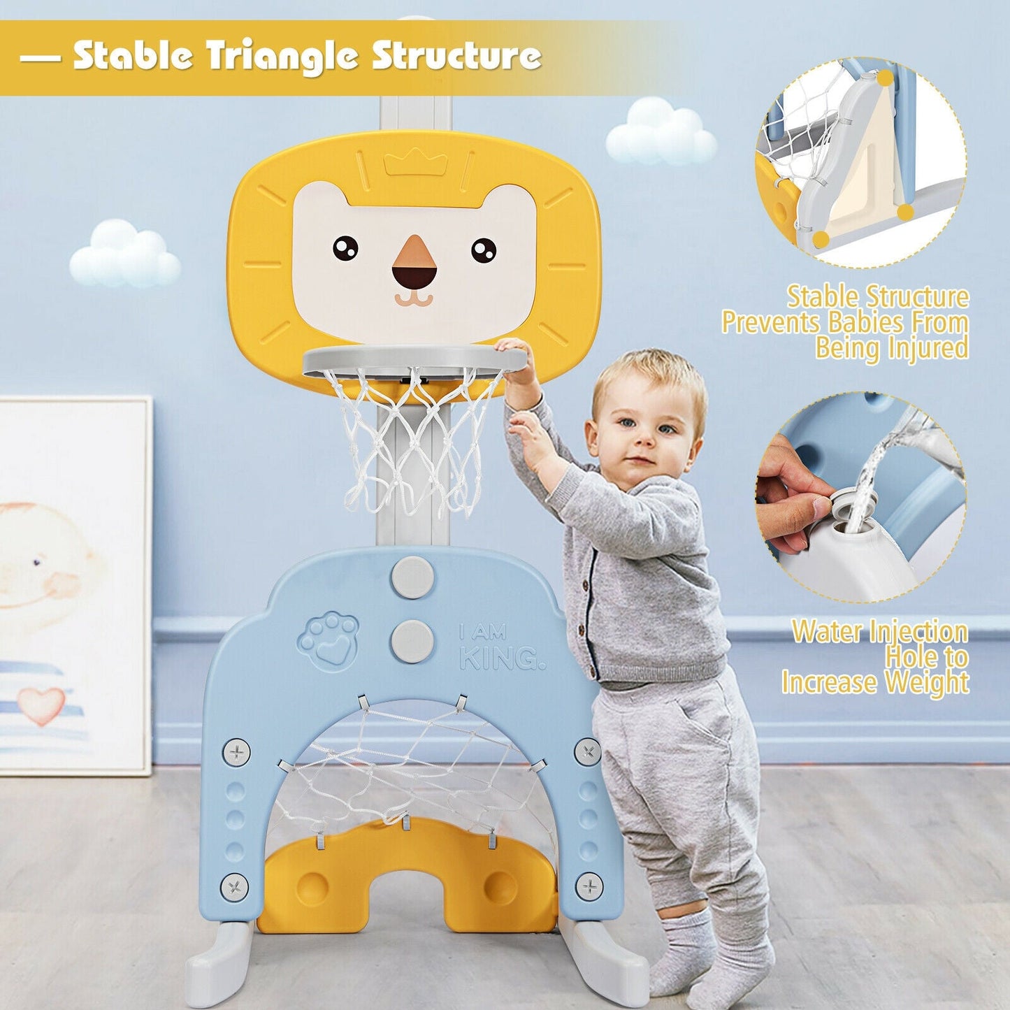 Panier de basketball ajustable 3-en-1 pour enfants - Jaune
