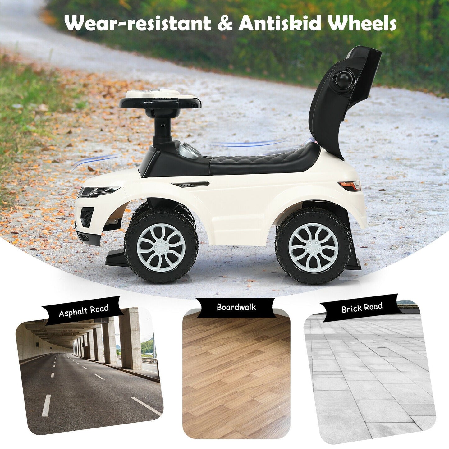3-in-1 Convertible Toddler Stroller and Ride-On Car - White