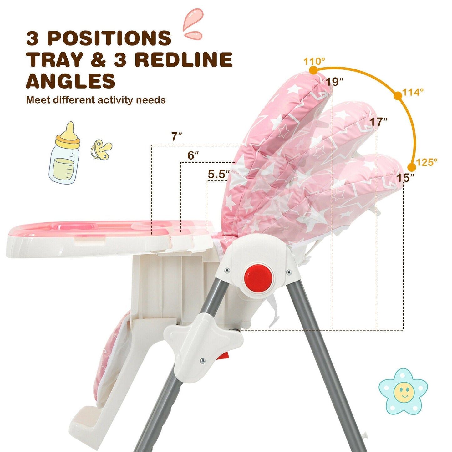 Folding Baby High Dining Chair with 6-Level Height Adjustment - Pink