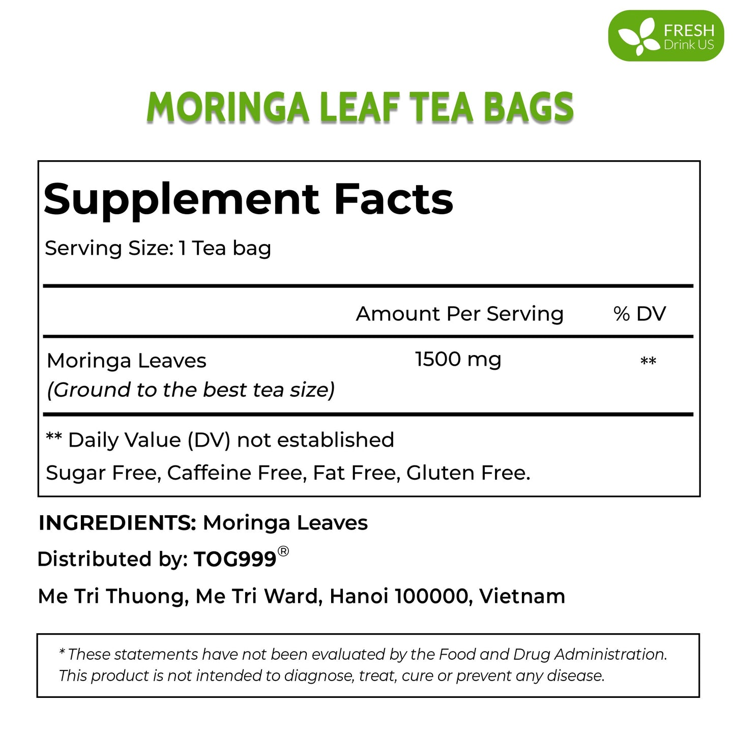 Bolsitas de té de hojas de moringa, 100 % natural y puro. Té de hojas de moringa a granel. Sin azúcar, sin cafeína, sin gluten, vegano.