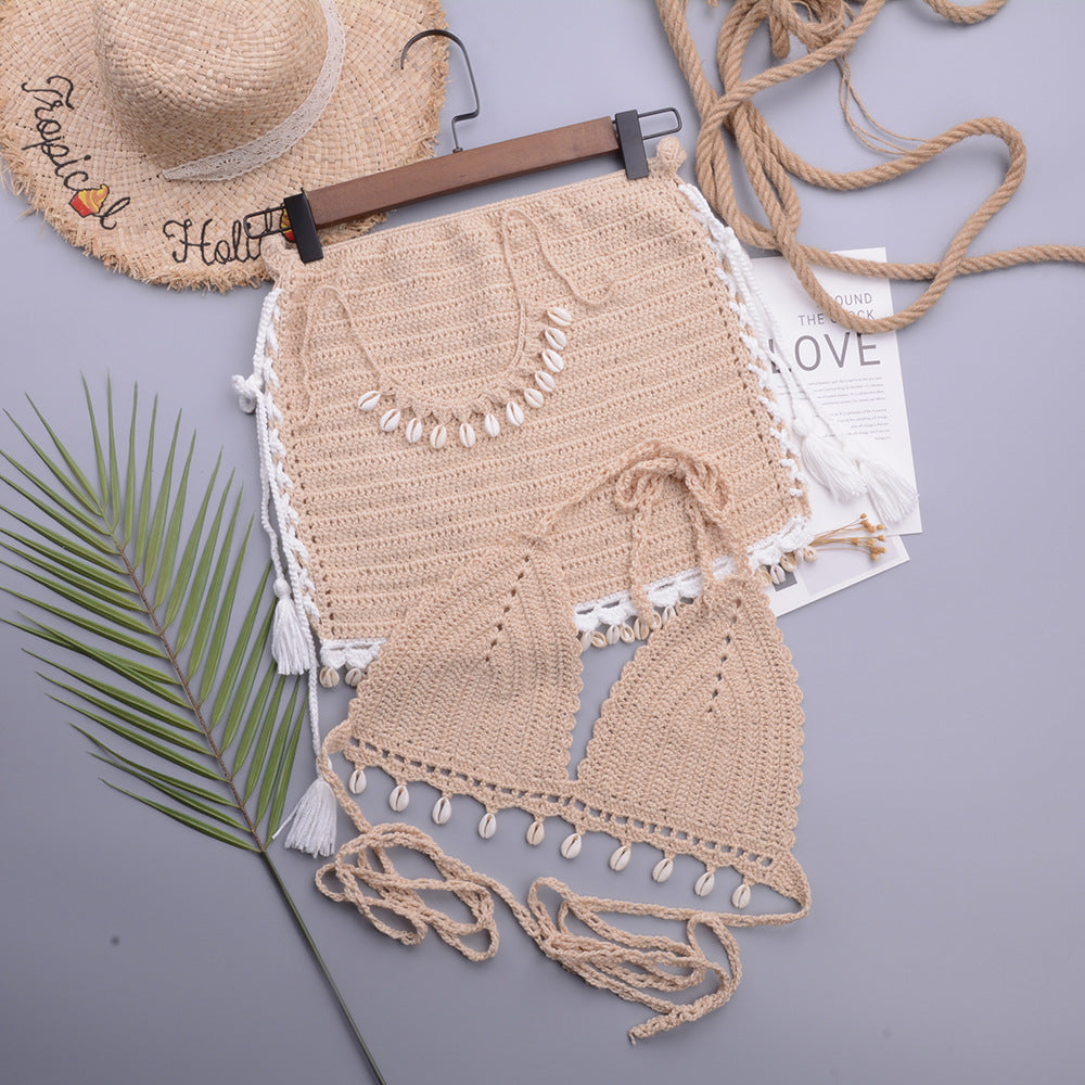 Ensemble de bikini à franges en crochet avec jupe de plage