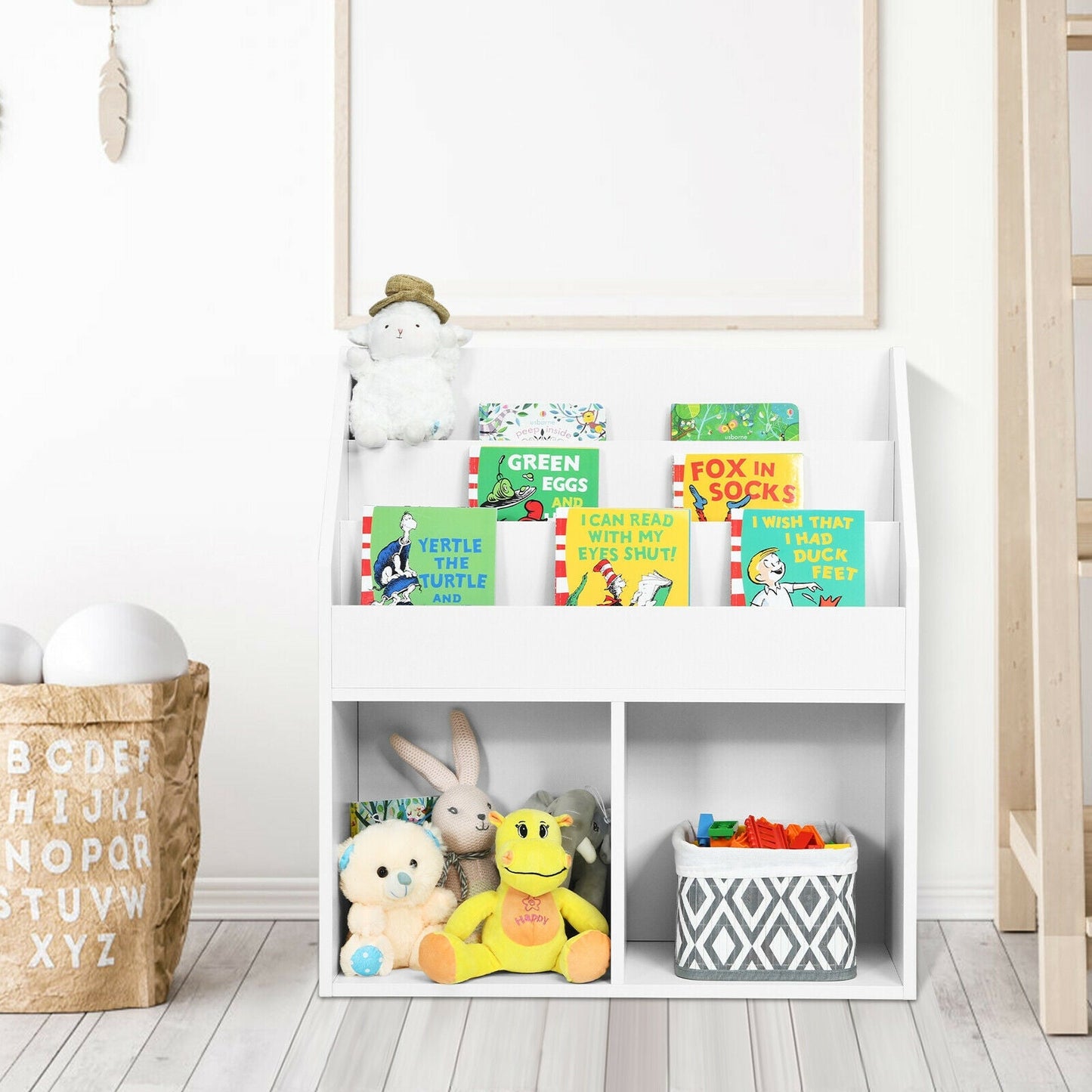Kids Wooden Bookshelf - White Toy Storage Organizer