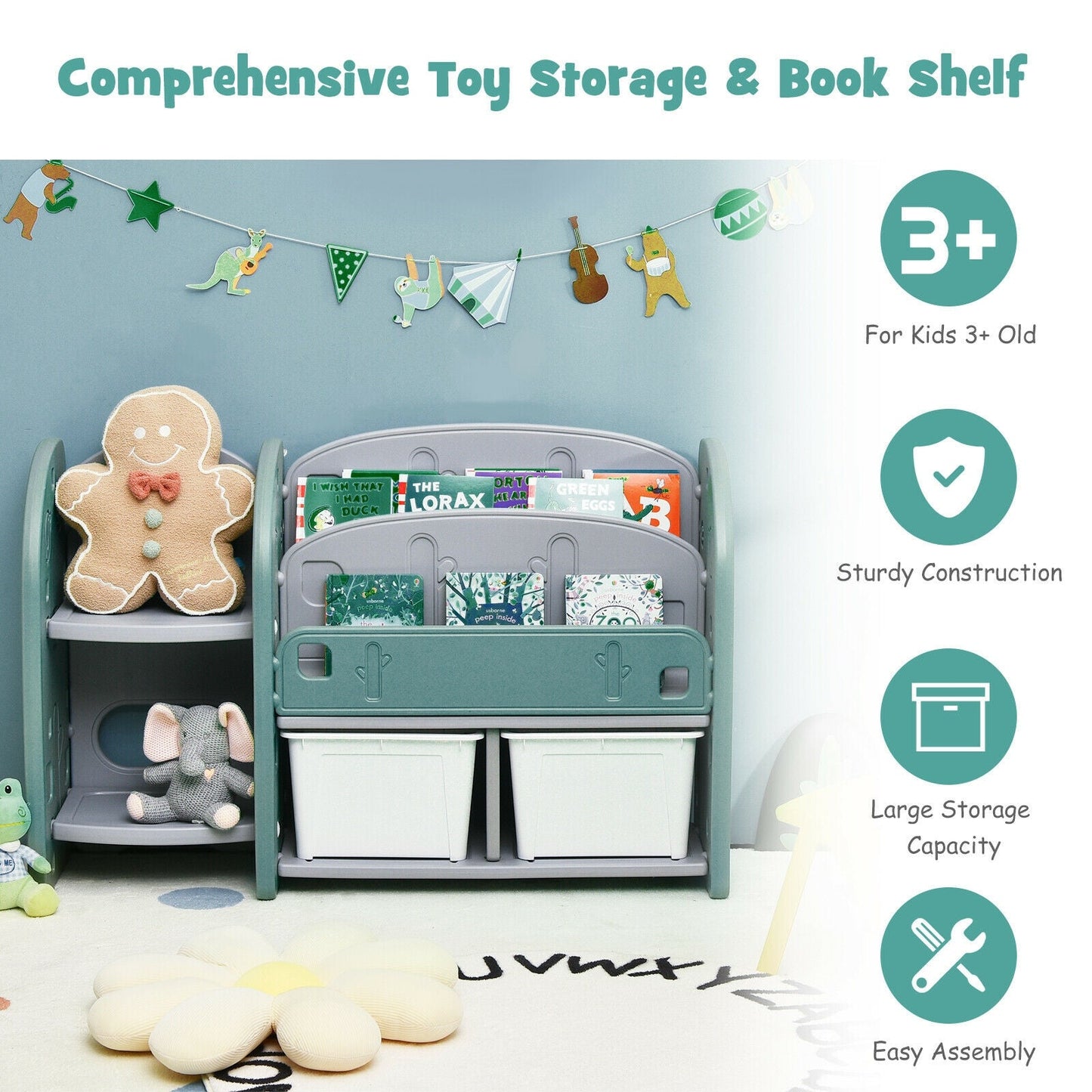 Kids Toy Storage Organizer with 2-Tier Bookshelf and Bins