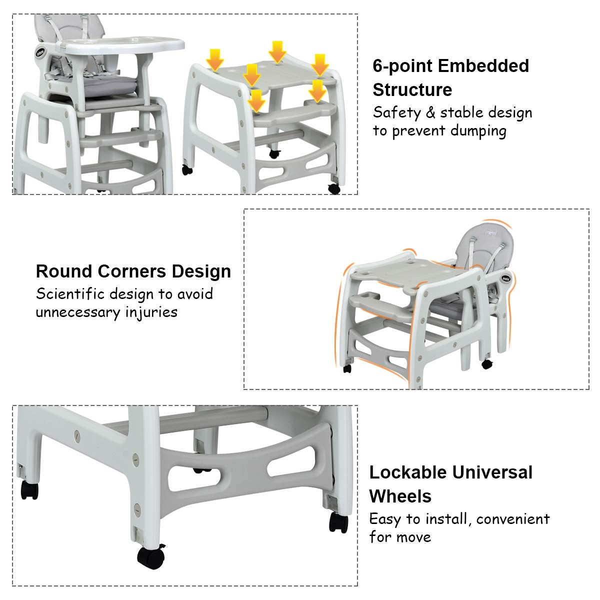 3-in-1 Convertible Baby High Chair with Lockable Wheels - Gray