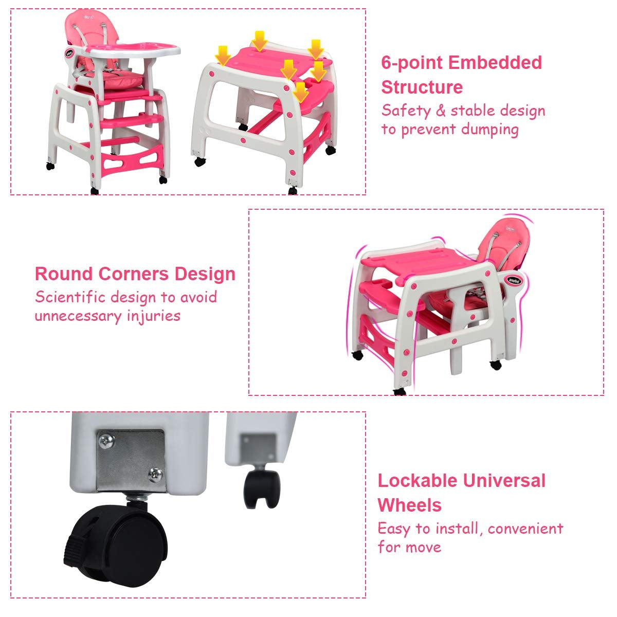 3-in-1 Convertible Baby High Chair - Pink