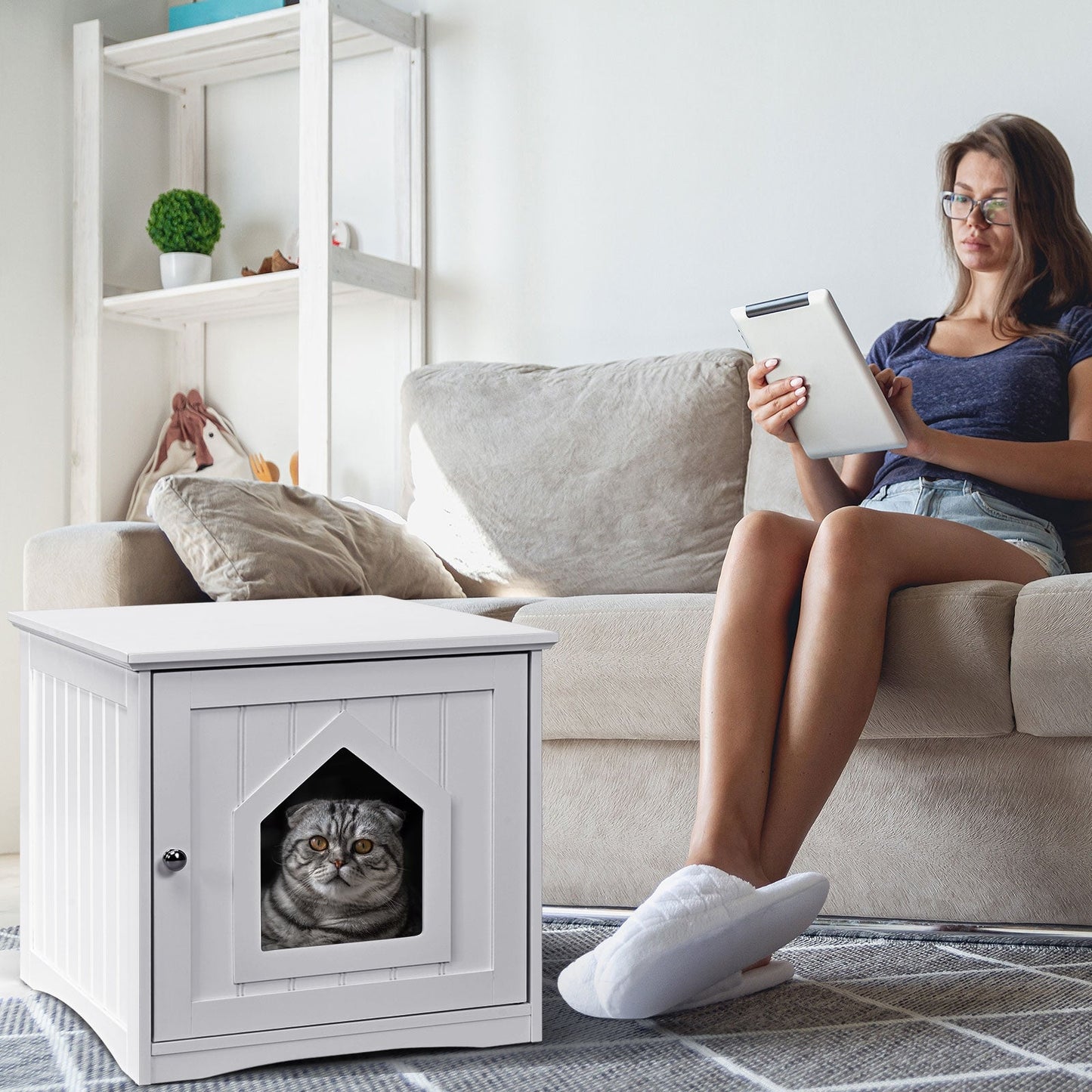 Weatherproof Multi-function Cat House Sidetable - White