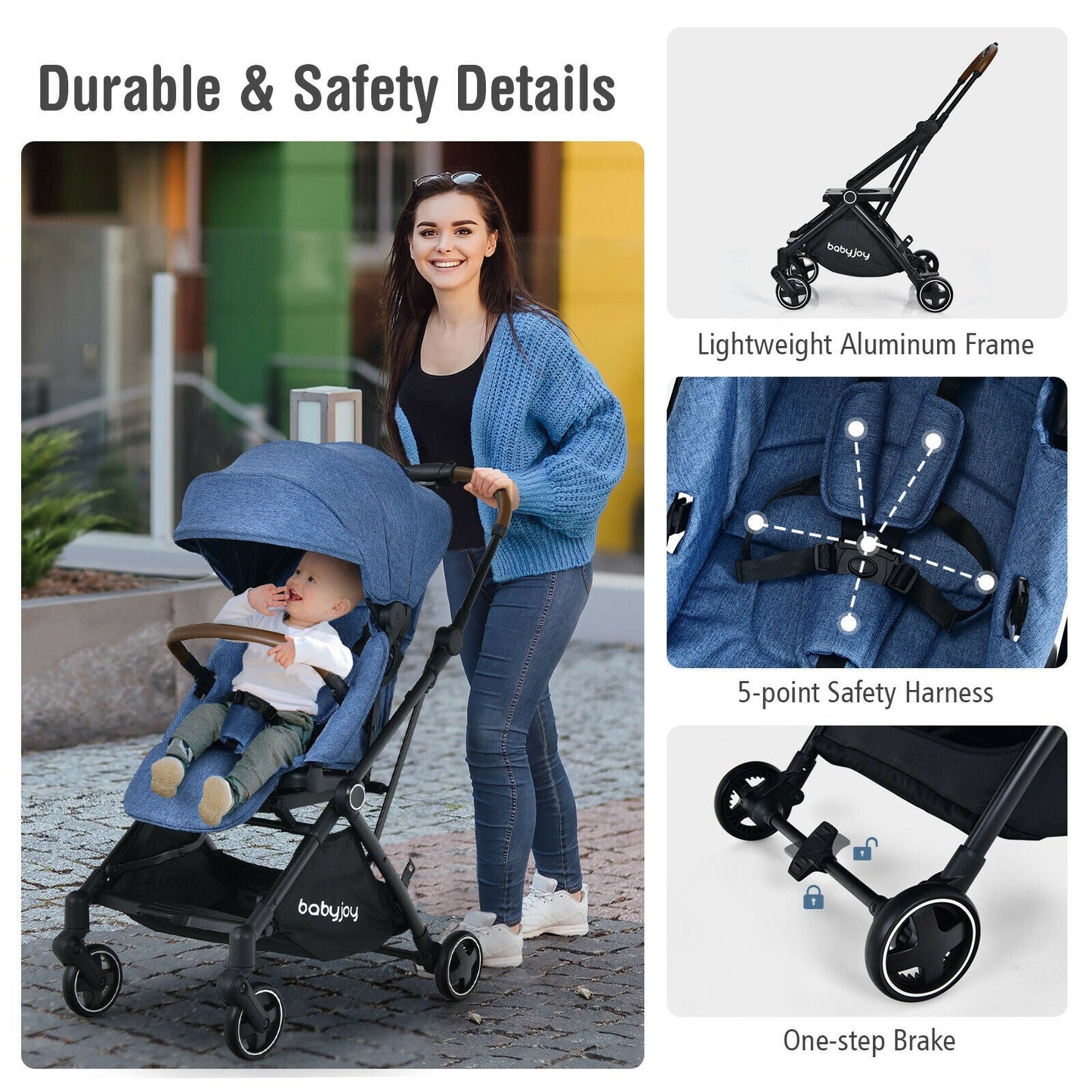 Poussette pour bébé convertible 2-en-1 en aluminium avec auvent réglable - Bleu