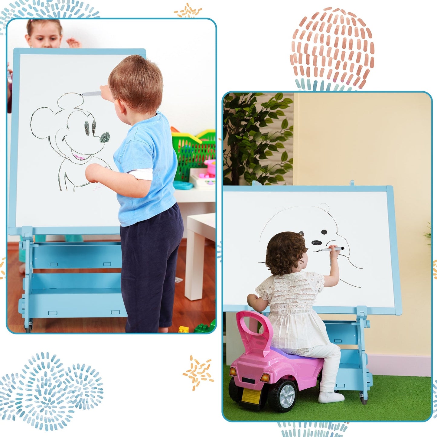 Chevalet d'art debout multifonctionnel pour enfants avec tableau effaçable à sec - Bleu