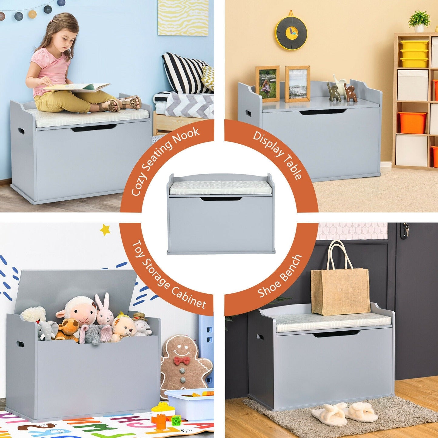Banco de Almacenamiento de Madera para Niños con Tapa Abatible y Cojín - Gris