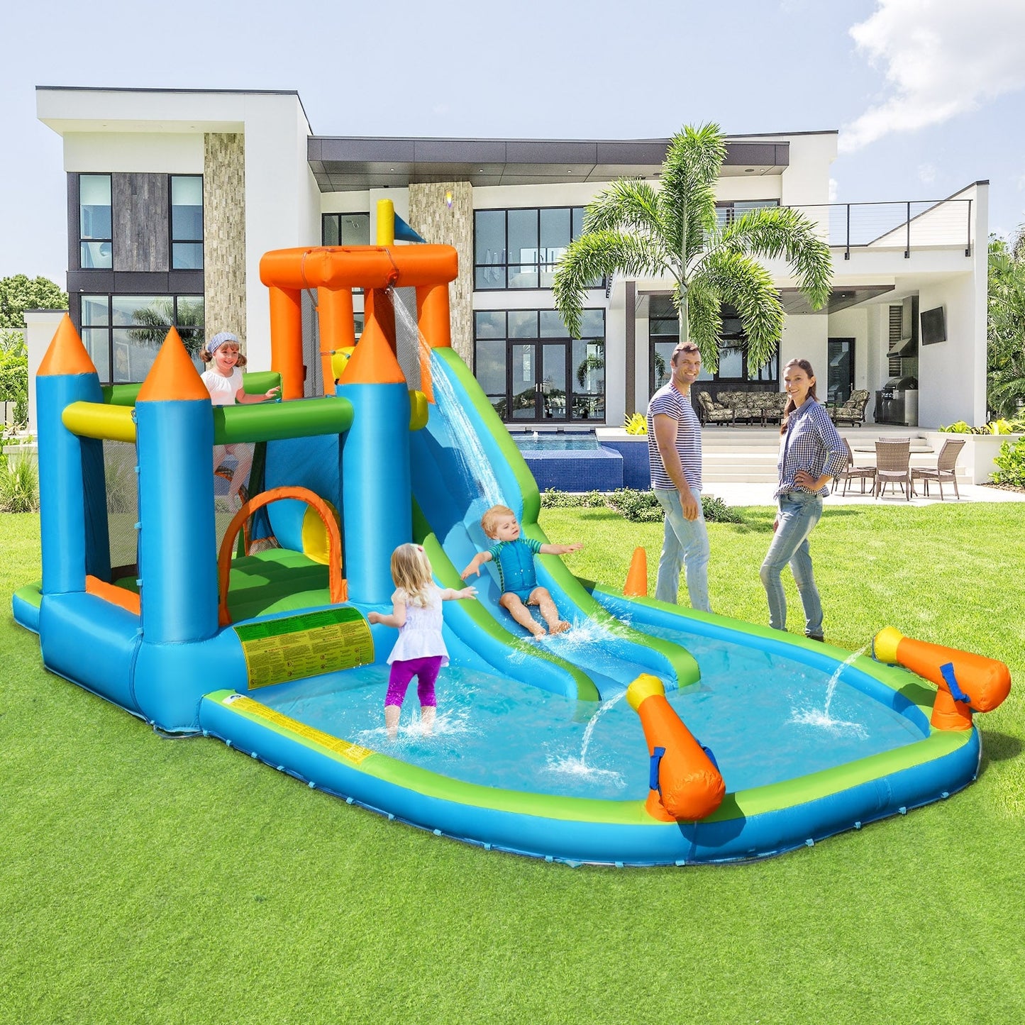 Toboggan Aquatique Gonflable avec Maison de Saut et Piscine à Éclaboussures